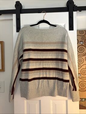 LOFT Cozy Striped Boatneck Sweater - Light Gray with Burgundy Stripes